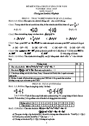 Đề kiểm tra chất lượng cuối năm môn Toán Khối 7 - Năm học 2014-2015